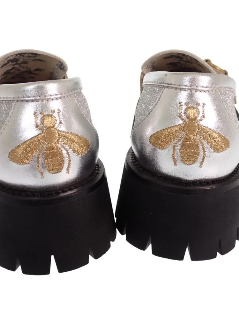 Gucci Horsebit Bee Loafers Shoes 36.5 Thick Sole Calfskin Metallic Silver Gold
